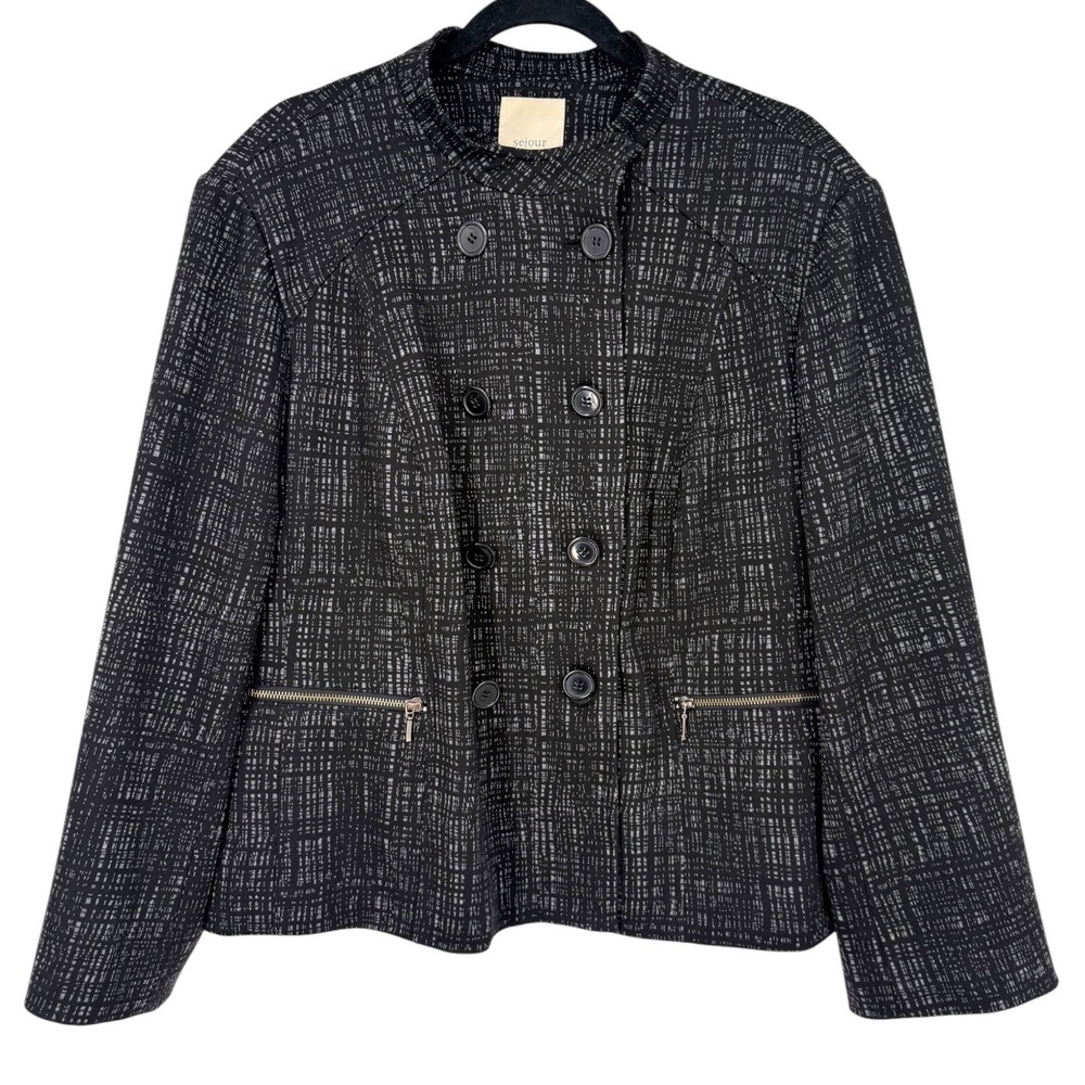 Sejour Womens Double Breasted Black White Crosshatch Band Collar Jacket Size 18W